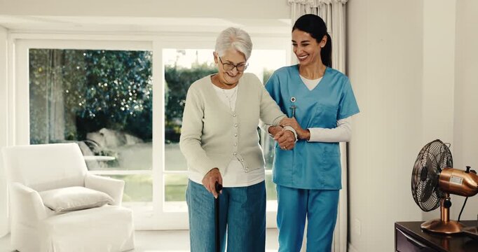Happy, physiotherapist and old woman in nursing home with cane, exercise and discussion for wellness. Healthcare worker, support and senior person with walking stick, recovery and physical therapy.