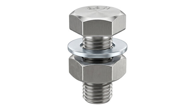Industrial stainless steel bolt with nut and washer, heavy duty metal fastener assembly, chrome hardware for construction isolated PNG with Transparent Background