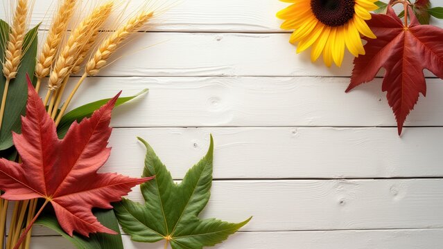 late summer to autumn harvest still life on light wood surface with wheat leaves and foliage studio shot for seasonal marketing design