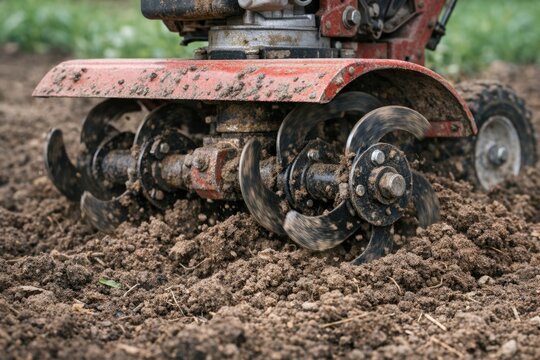 Close-up shot of a tractor plowing a field, suitable for agricultural or farming related uses
