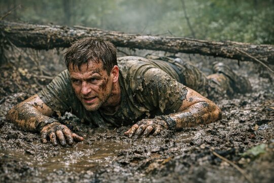 A person struggling through muddy terrain in a wooded area