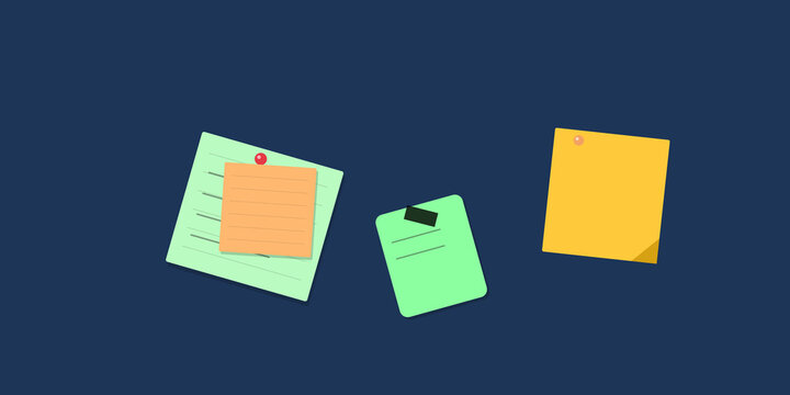 Colorful sticky notes with pins floating in dark space
