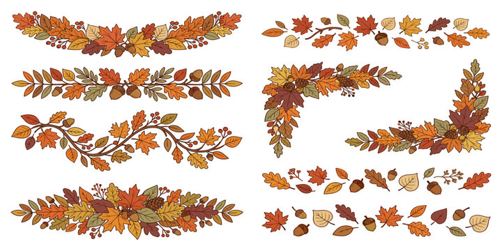  Autumn fall floral border corner vector set featuring maple oak leaves acorns and berry decorations