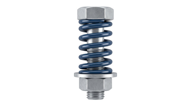 Industrial steel bolt with blue coil spring, heavy duty mechanical fastener assembly, metal screw and washer hardware isolated PNG with Transparent Background