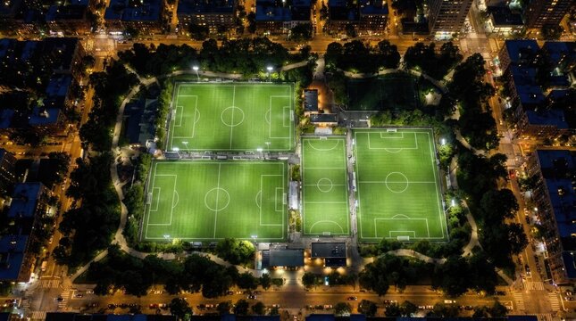 Aerial view of lit soccer fields in city at night