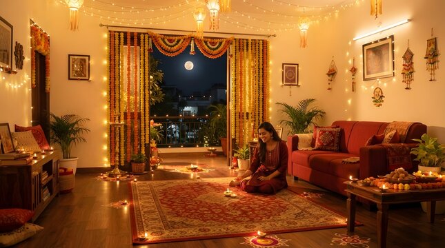Woman celebrating diwali in a beautifully decorated living room with lights and rangoli