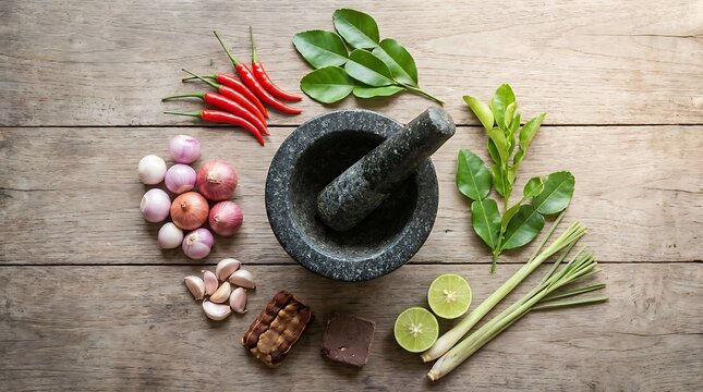 Stone mortar and pestle with fresh thai herbs and spicy chili peppers on a rustic wooden table. Malaysian Cuisine