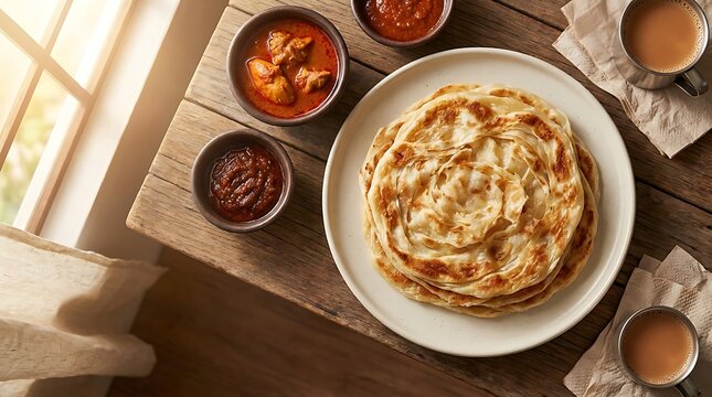 Fresh hot indian paratha bread served with spicy curry bowls on a wooden table in sunlight. Malaysian Cuisine.Malaysian Cuisine