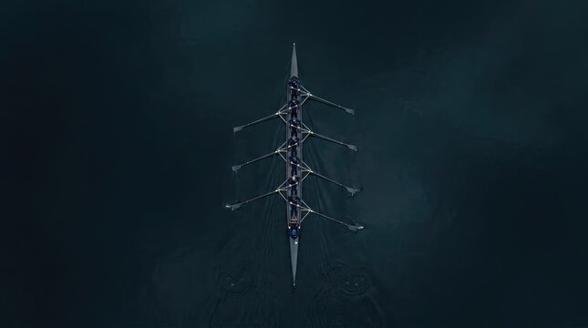 Aerial view of rowing team on dark blue water