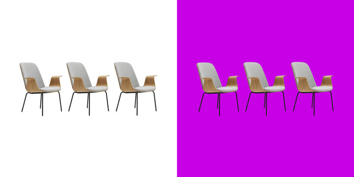 Three modern grey armchairs with wooden frames for home interior