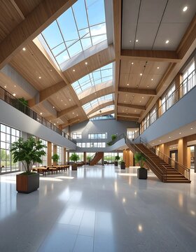 Modern glass atrium interior with escalators and plants.