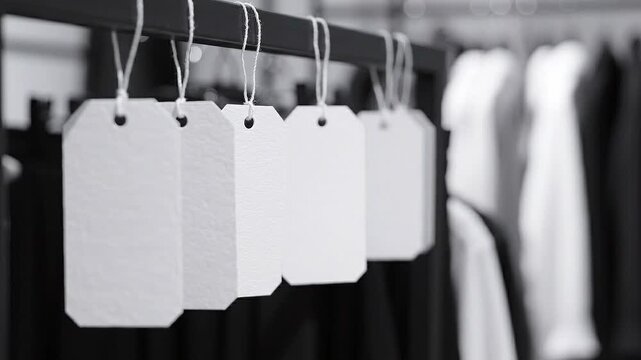 Blank paper clothing tags hanging on a retail rack, representing fashion pricing, product labeling, branding, and garment store inventory