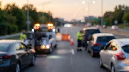 Obraz premium blurred roadside assistance scene, tow truck with amber lights, car breakdown on highway at dusk, bokeh traffic background.