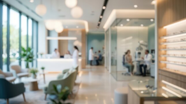 blurred modern medical clinic interior with reception desk, waiting lounge, and private consultation rooms.