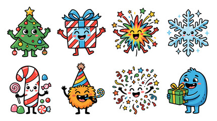 Fototapeta premium Colorful cartoon characters celebrate a festive holiday theme with trees, gifts, and snowflakes in a cheerful scene