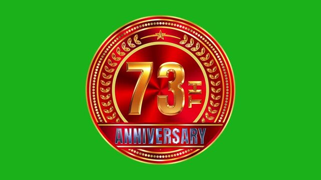Premium 73rd anniversary shiny gold badge featuring glossy red brushed metal backdrop with reflective lighting 4k video