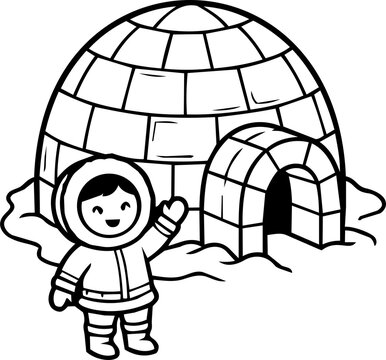 Eskimo Kid Waving in Front of Igloo Line Art Vector Illustration