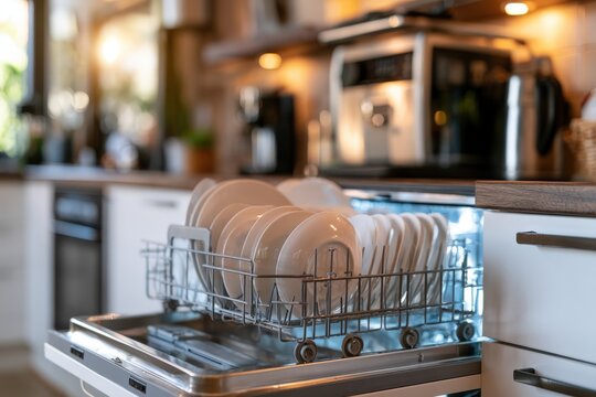 Clean, white dishes gleam in a stainless-steel dishwasher