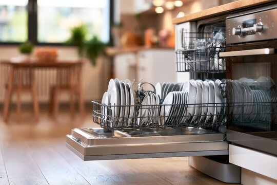 Open dishwasher gleams with clean, stacked plates