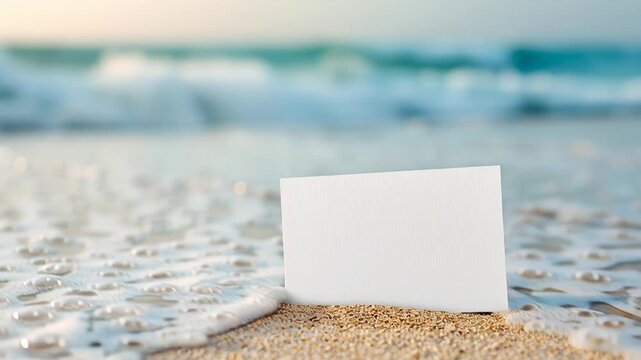 Blank card on sandy beach with ocean waves in background