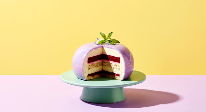 Purple Mirror Glaze Mousse Cake Sliced on Stand with Berry Jelly Layers