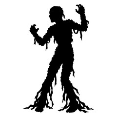 Naklejka premium Creepy mummy silhouette vector, walking undead monster character, spooky Halloween horror creature graphic, bandaged zombie figure isolated on White Background Halloween vactor svg