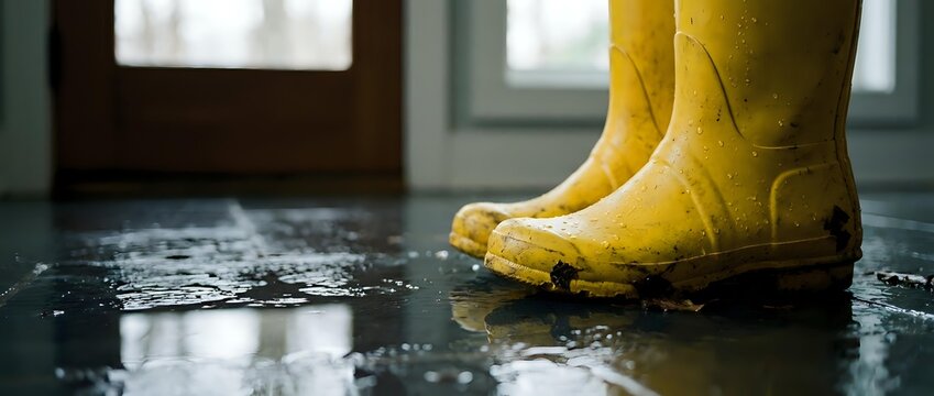 Young child wearing yellow rain boots standing in puddle of water