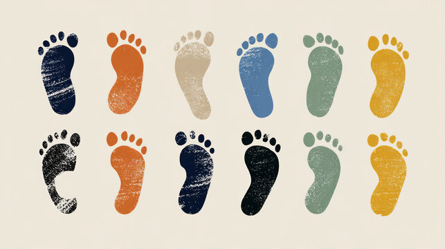 Different Human Footprints, Shoe Sole Imprints and Footstep Silhouettes, Walking and Footprint Concept