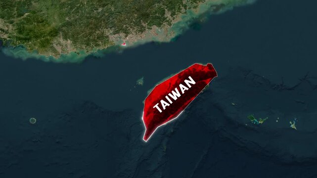 3D Satellite Map Animation Highlighting Taiwan with Text Overlay and Waving National Flag