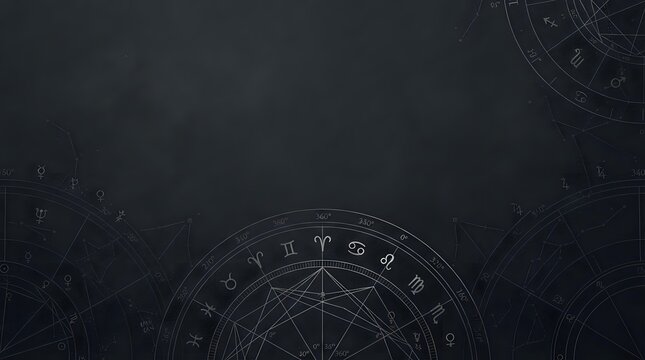 Zodiac wheel and geometric patterns on dark textured background
