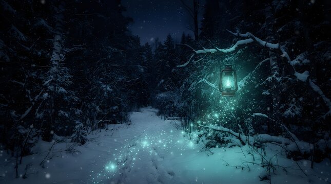 Snowy forest path at night with glowing magical light emanating