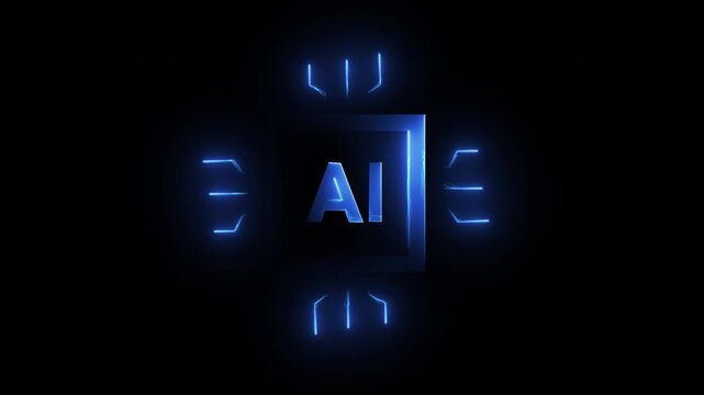 Futuristic blue AI chip with glowing digital circuits isolated on transparent background