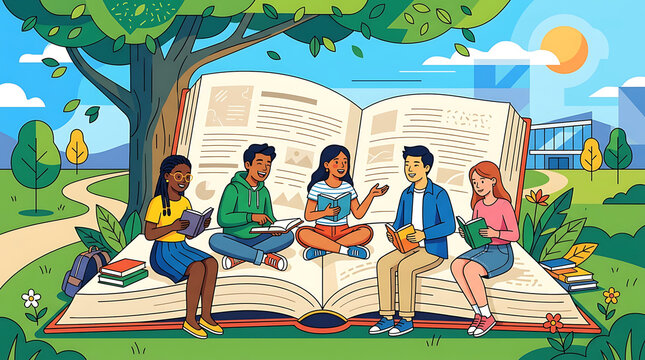 Diverse group of young students learning and reading together on a giant open book under a tree, representing education and knowledge