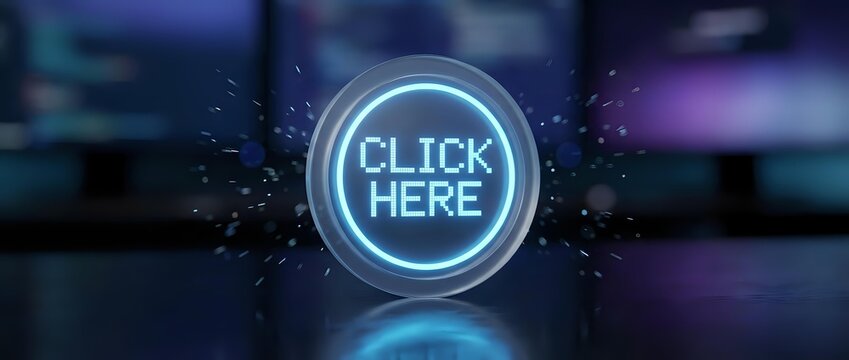 Glowing neon circular button with click here text on dark blue