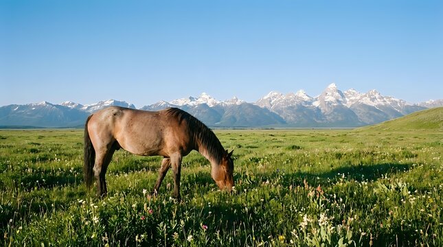 Brown horse grazing in lush green meadow with snow-capped mountain