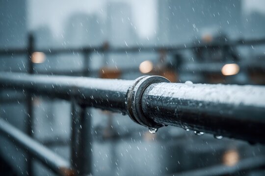 Metal railing with raindrops during a heavy downpour, city in background. Evokes feelings of melancholy, solitude, or urban isolation.