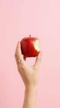 Hand holding bitten red apple with bite mark against pink background