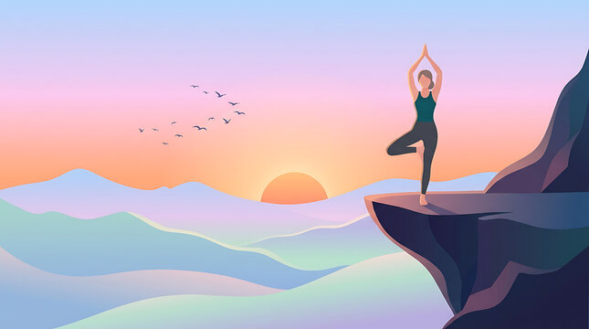 Woman in Tree Pose Performing Yoga on Mountain Cliff at Sunrise