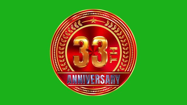 Luxury 33rd anniversary golden badge with radiant red metallic texture glowing light effects on green screen 4k video
