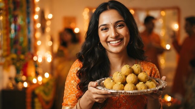 Smiling indian woman holding a plate of laddus during diwali festival