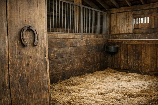 A cozy horse stall filled with fresh hay, featuring a horseshoe on the door