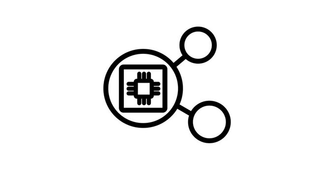 Microchip Network Node Motion icon. Animated line icon showing central processor chip connected to external nodes for hardware networking, data transmission, and computing.