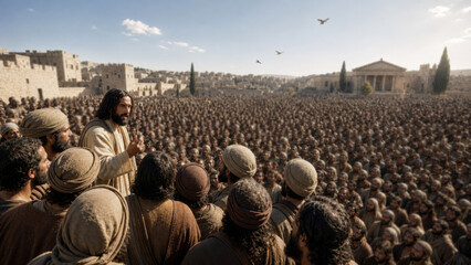 Fototapeta premium Jesus teaching thousands of people in ancient Jerusalem. Biblical scene about faith, courage, hypocrisy, and divine care from the Gospel of Luke chapter twelve.