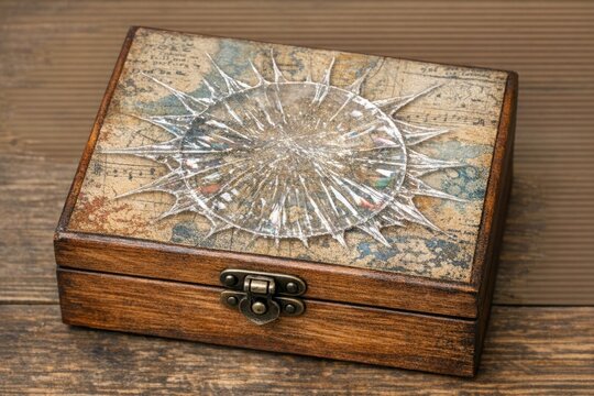 A wooden box with a broken glass inside