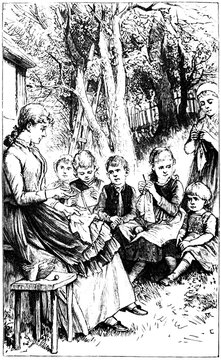 Vintage Woodcut Illustration of a Teacher Instructing a Group of Children Outdoors, circa 1890