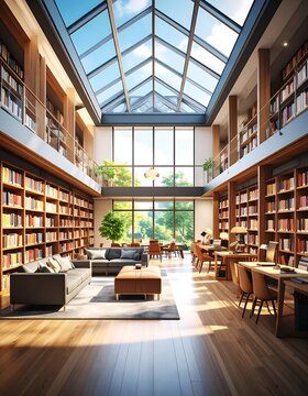 Modern library reading room with wooden shelves and natural light.