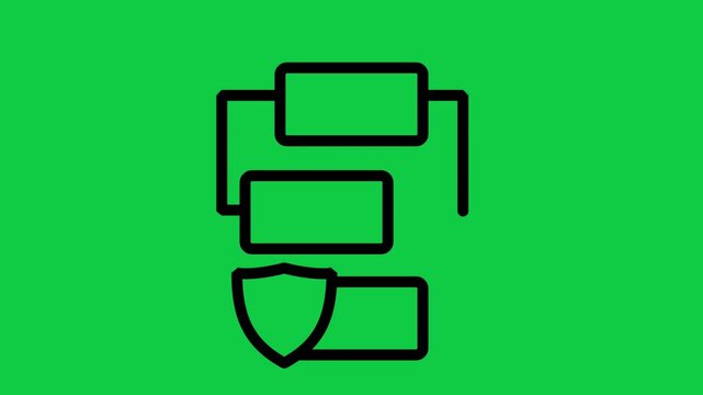 Secure Data Process Management Motion icon. Animated business process diagram of three boxes protected by central shield representing secure data handling workflow management and privacy.