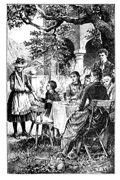 Vintage Woodcut Illustration of a Family Picnic in the Garden, circa 1900
