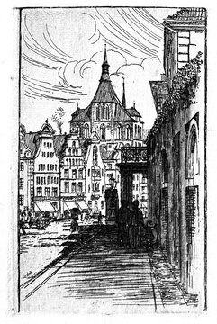 Vintage Etching of Hopfenmarkt Square in Rostock, circa 1915