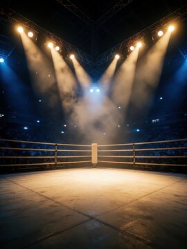 Empty boxing ring with spotlights and smoke, crowd in background. Use: sports event, competition, fight promotion.